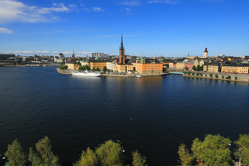Stockholm, Sweden - July 24, 2023: View of the Riddarholmen island i the city of Stockholm from south.