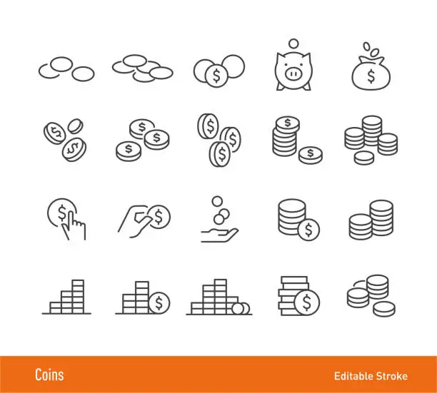Vector illustration of Coins Icons - Editable Stroke - Line Icon Series