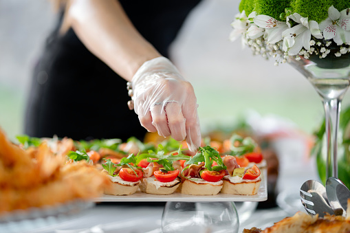 Close-up of female hand garnishing  gourmet appetizers