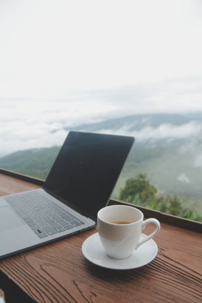 istock Young man freelancer traveler wearing hat anywhere working online using laptop and enjoying mountains view 1595659176