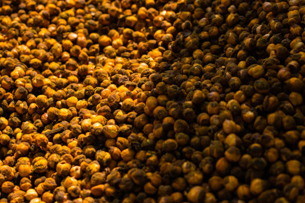 Close up of roasted chickpeas in a market in India.