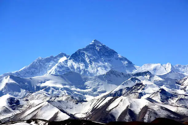 Close-up view of Mount Everest, highest mountain of the world seen from Tibet