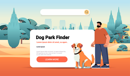 guy owner with cute dog using park finder app best friends domestic animal friendship concept landscape background horizontal vector illustration