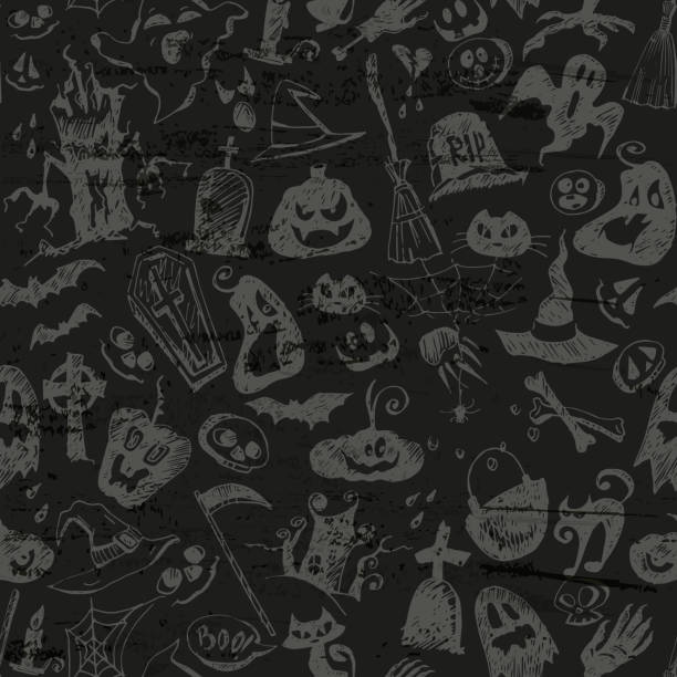 ilustraciones, imágenes clip art, dibujos animados e iconos de stock de concepto de halloween en estilo dibujos animados. espeluznantes dibujos a mano alzada sobre un fondo grunge oscuro. fondo festivo creativo sin fisuras para aplicaciones, impresión, aplicación. - black background cardboard box computer icon symbol