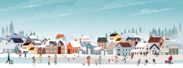 illustrations, cliparts, dessins animés et icônes de hiver avec paysage de montagnes enneigées pins forestiers arbre et champ.bannière vectorielle cartoon horizon beau paysage naturel pour le nouvel an,noël,bannière web,couverture de calendrier,carte de vœux - christmas christmas card greeting card greeting