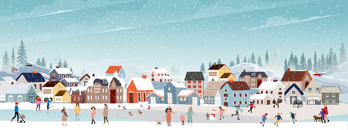 Winter landscape at night with people having fun doing outdoor activities on new year,Vector city landscape on Christmas holidays with people celebration, kid playing ice skates, teenagers skiing