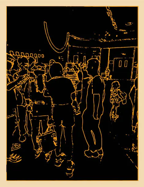 Vector illustration of art outline woodcut style people walking in the shopping mall
