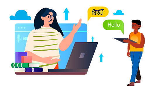 Girls Learning Language Girl Learning Language On Laptop Online Education Elearning Concept ...