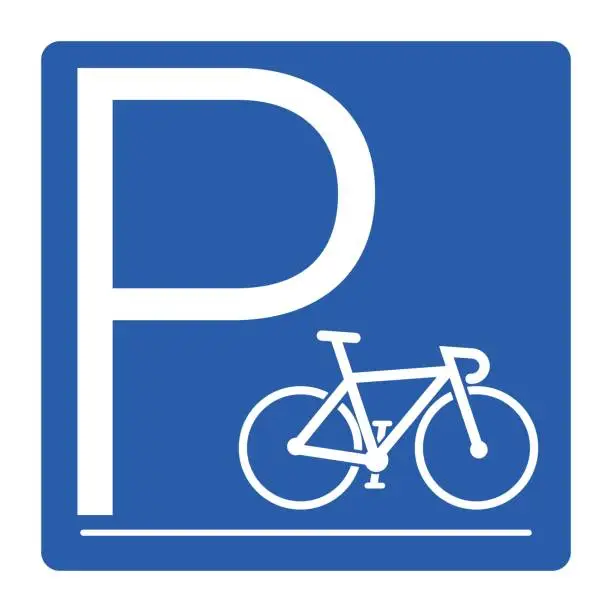 Vector illustration of Isolated printable label sticker of bicycle parking sign in blue white rectangle square format, a bike parking area with illustration of vintage road bike