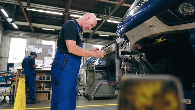 Engineer inspecting train electrical circuit board with multimeter undercarriage in the workshop