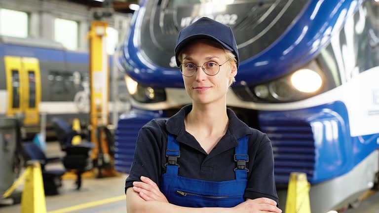 Portrait of a confident young woman working in railway workshop