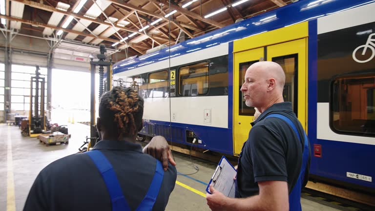 Rear view of three train engineers walking by the trains and discussing tasks at maintenance workshop