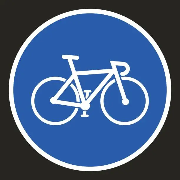 Vector illustration of Isolated printable bike lane, bicycle road line sign in round circle blue format, with illustration vintage road bike