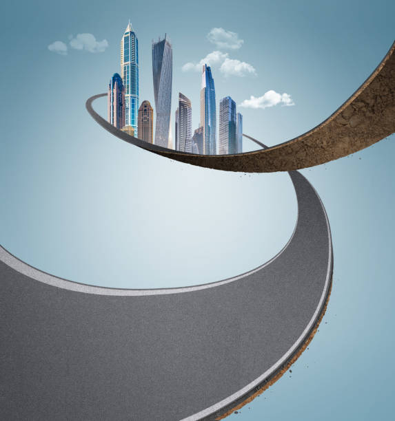 istock 3d illustration of bending road. beautiful skyline downtown. 1595767289