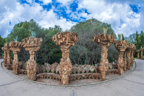 Barcelona, Catalonia: Pathways and columns in Park Güell on Carmel Hill, architect Antoni Gaudi. Built 1900-1914, officially opened in 1926. UNESCO World Heritage Site.
