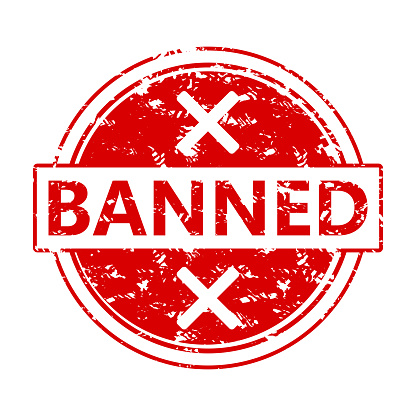 Rubber stamp banned. Vector of seal ink grungy isolated, vintage forbidden text, sticker graphic, banned stamp and ban banner, prohibited and restricted illustration