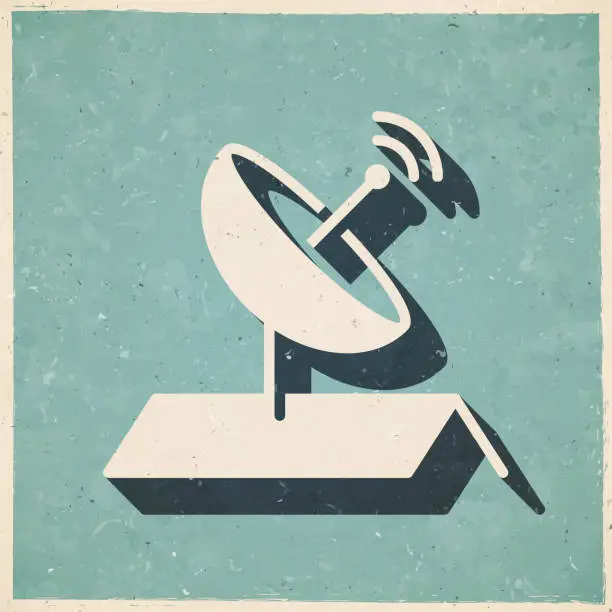 Vector illustration of Satellite dish on roof. Icon in retro vintage style - Old textured paper