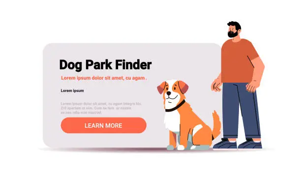 Vector illustration of guy pet owner with cute dog using park finder app best friends domestic animal friendship concept