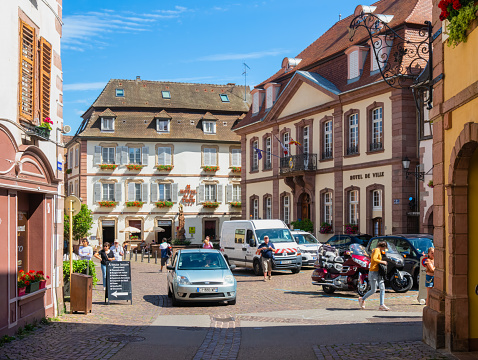 Ribeauville, France - July 5, 2023: Ribeauville is a tourist French town along wine route in Alsace in the Haut-Rhin department in the Grand Est region.