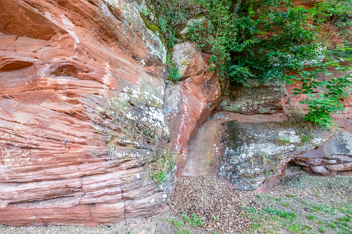 Wall of a rocky slope of red sandstone, irregular texture, mold, white spots and linear erosions caused by passage of time, green plants between rocks, sunny day around Lake Stausee Bitburg, Germany