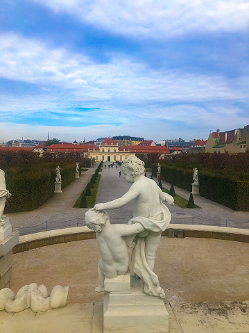 Vienna, Austria - October 19, 2021: Vienna - fountain in garden around Belvedere palace at Vienna, Austria