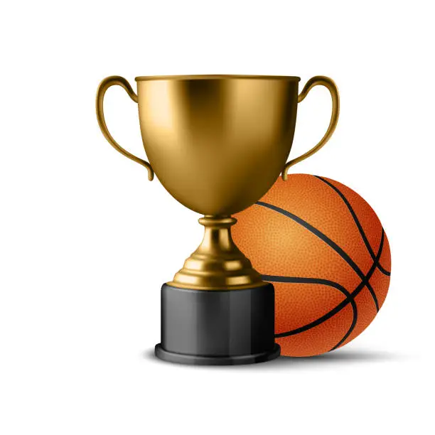 Vector illustration of Realistic Vector 3d Blank Golden Champion Cup Icon wirh Basketball Set Closeup Isolated on White. Design Template of Championship Trophy. Sport Tournament Award, Gold Winner Cup and Victory Concept