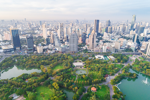 Aerial view Office building with Lumpini Park downtown Financial district center in Sathorn district sBangkok