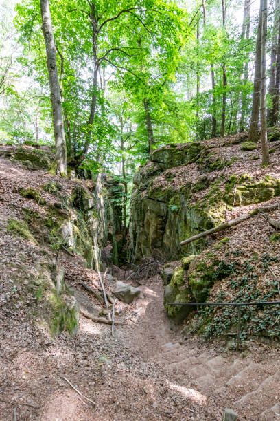 istock Stairs descending with metal railing between rock formations on hiking trail 1595860653