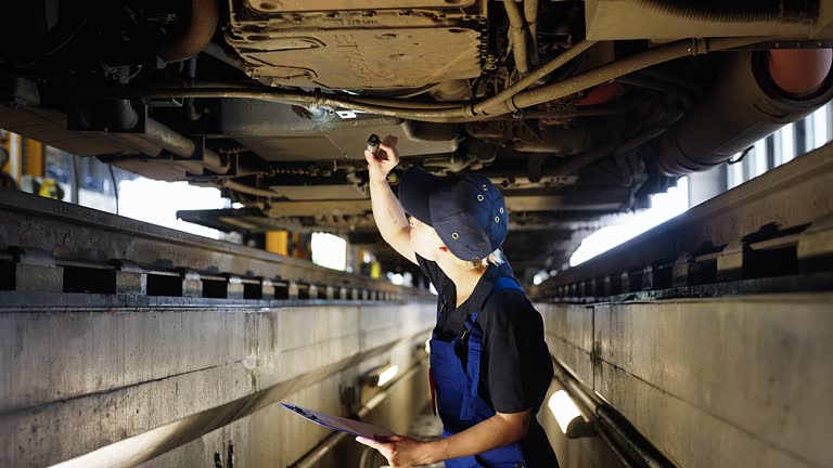 Woman engineer checking the train parts from below the undercarriage at railway maintenance workshop