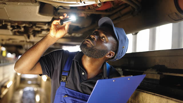 African male mechanic inspecting the train's undercarriage with a flashlight and checklist from an inspection pit