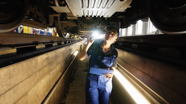 Woman mechanic in the inspection pit checking train components with a torch and checklist