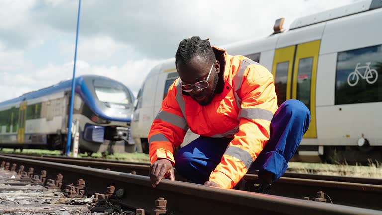 Railway engineer wearing safety checking rail tracks at station