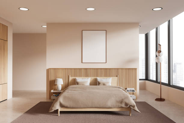 istock Cozy bedroom interior with bed and decoration, panoramic window. Mockup frame 1595876205
