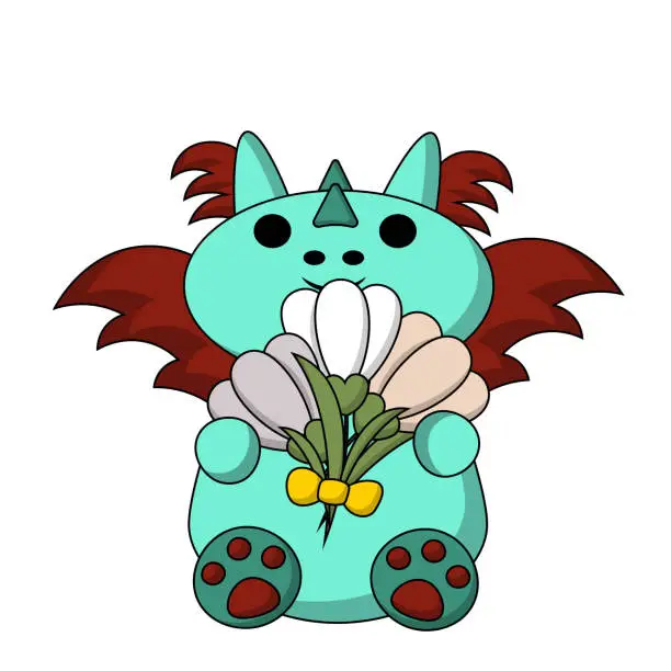 Vector illustration of Cute cartoon Dragon with snowdrop in color