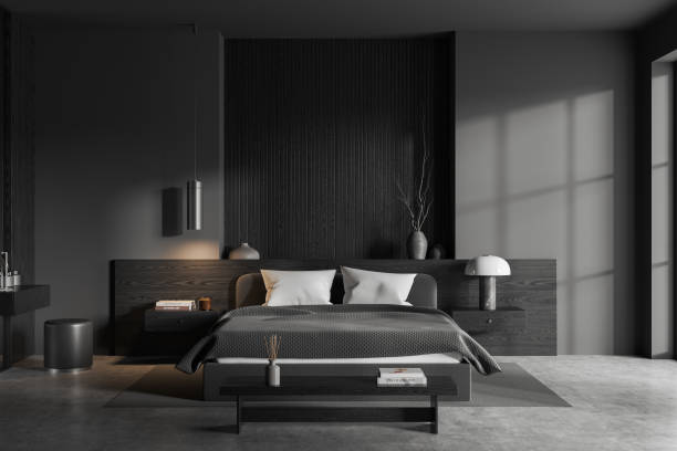 istock Gray and wooden bedroom interior 1595877248