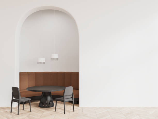 istock Stylish cafeteria interior with couch and chairs with table, mock up arch wall 1595878265