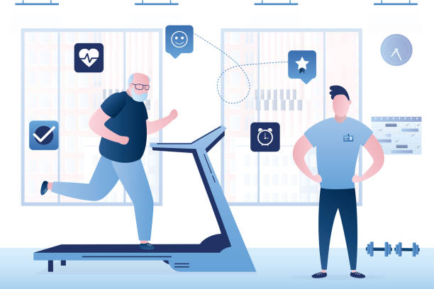 Elderly man running on treadmill in gym. Fitness coach helps with workouts. Strong grandfather trains with trainer. Healthy lifestyle. Weight loss, cardio training. Gym interior. Elderly man running on treadmill in gym. Fitness coach helps with workouts. Strong grandfather trains with trainer. Healthy lifestyle. Weight loss, cardio training. Gym interior. vector illustration cartoon of the older people exercising gym stock illustrations