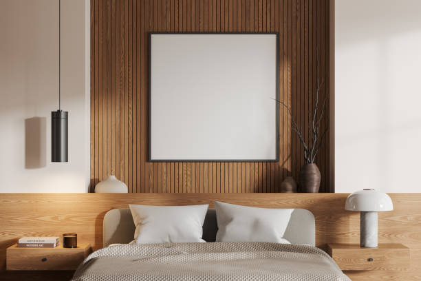 istock Stylish bedroom interior with bed, nightstand and decoration. Mockup frame 1595888501