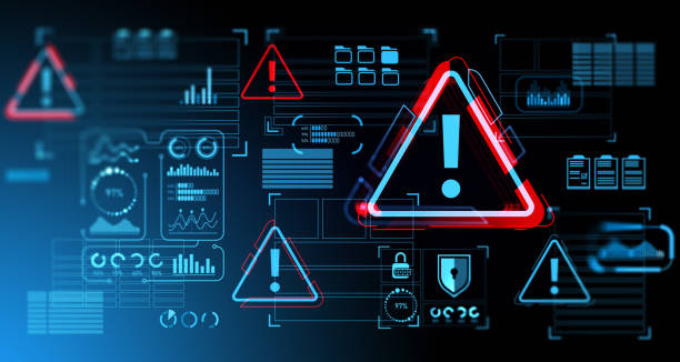 istock Security alert hologram with glowing business dashboard icons, system hacked 1595889006