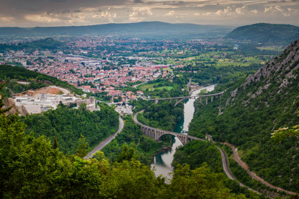 Solkan Bridge and view on Vipava valley stock photo