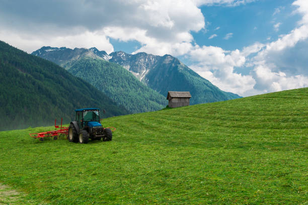 Small tractor cutting grass on the picturesque alpine farm field in Austria
