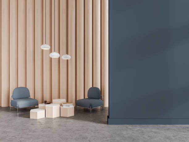 istock Modern home relax room interior with armchairs and decoration, mockup wall 1595900228