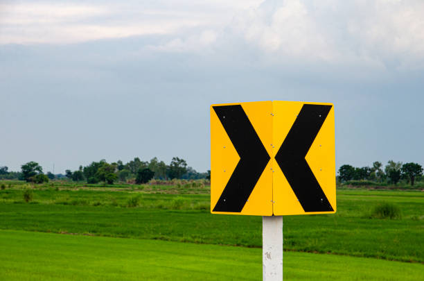 Curve marker traffic signs on grass field background