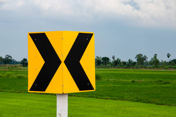 Curve marker traffic signs on grass field background