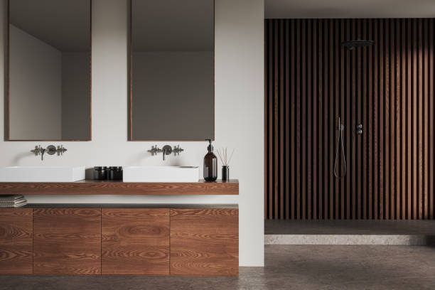 istock Stylish bathroom interior with double sink, mirror and douche, accessories 1595902876