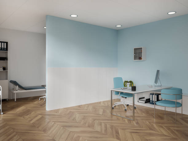 istock Blue and white doctor office corner 1595906054