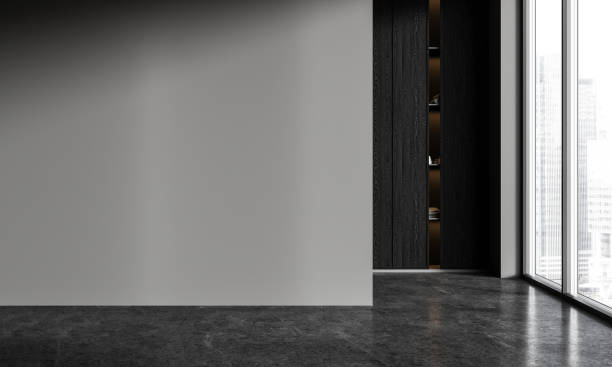 istock Gray bathroom interior with shelves and blank wall 1595908927
