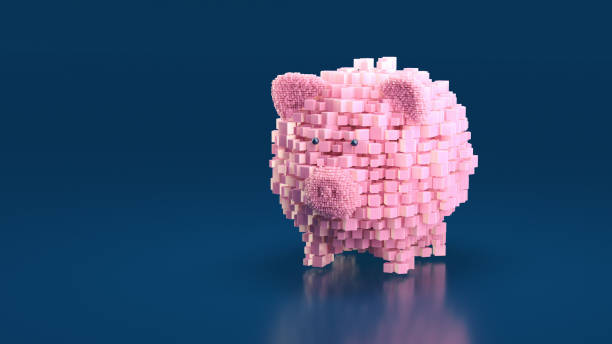 Piggy bank made of pink cubes, concept for digital banking and savings, 3d render.