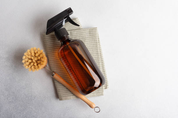 istock Eco-friendly amber soap bottle and wooden dish brushes 1595913308