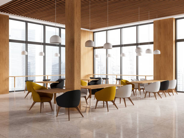 istock Modern cafe interior with seats and table in row, dining space with window 1595913860